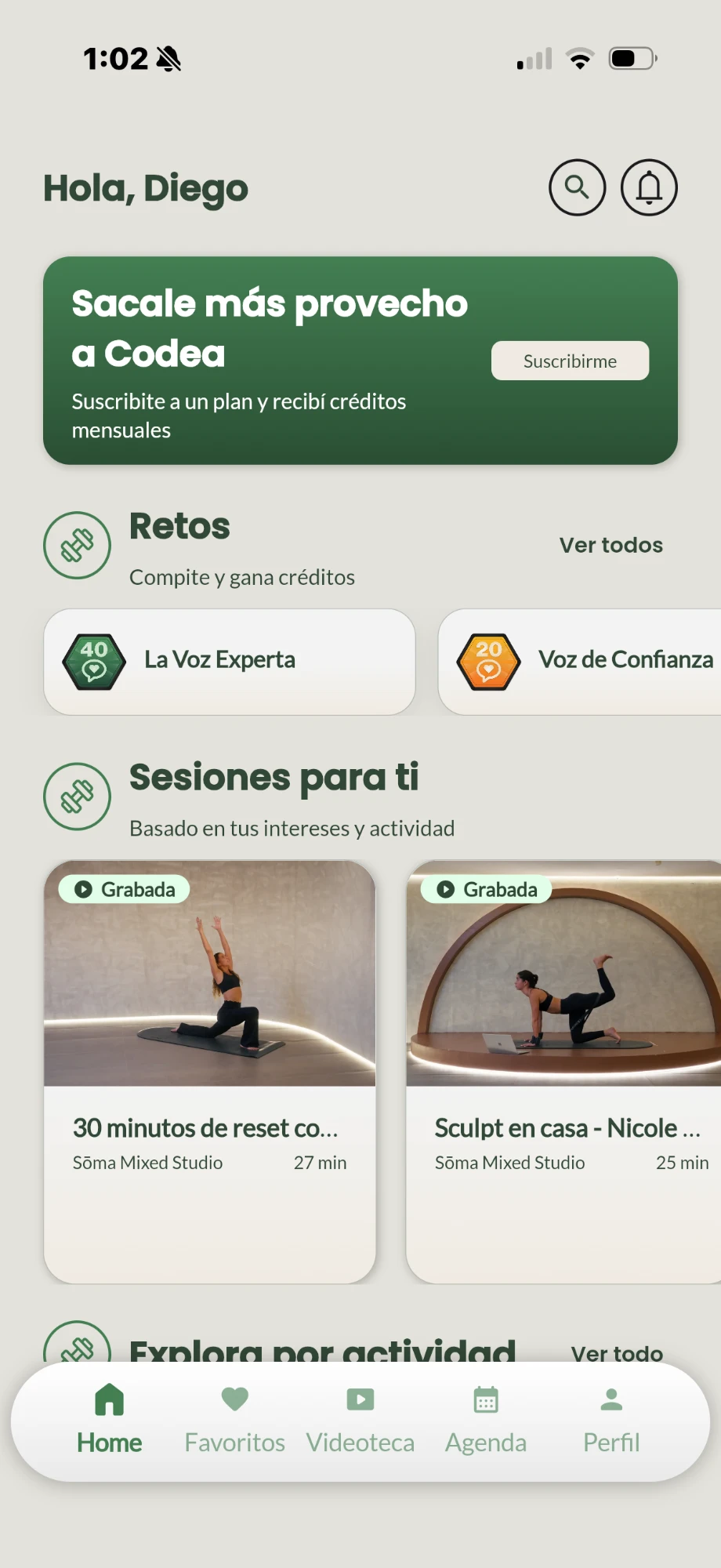 Home de la app de CODEA: banner para suscribirse, retos para ganar créditos y sesiones recomendadas