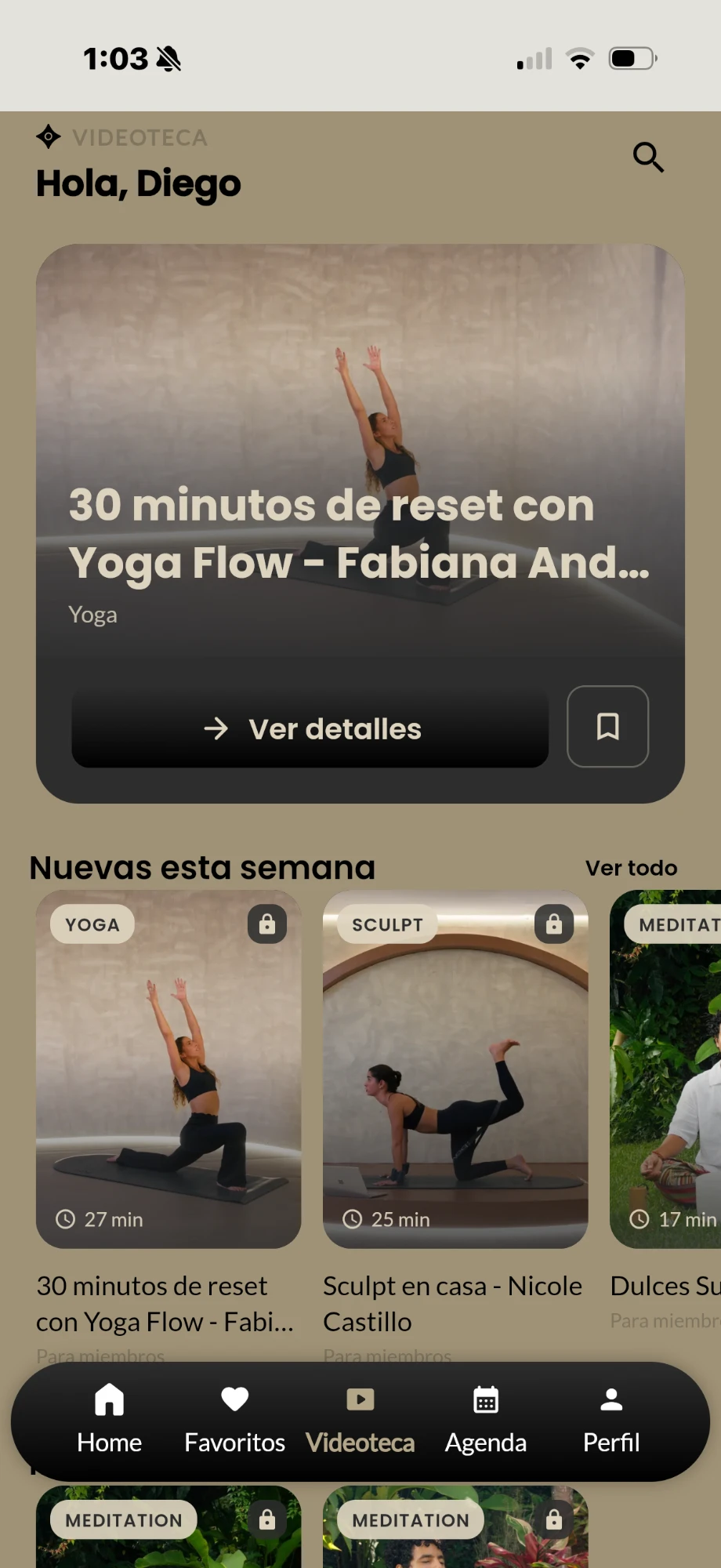 Videoteca de la app de CODEA: clase destacada de yoga y la fila “Nuevas esta semana”